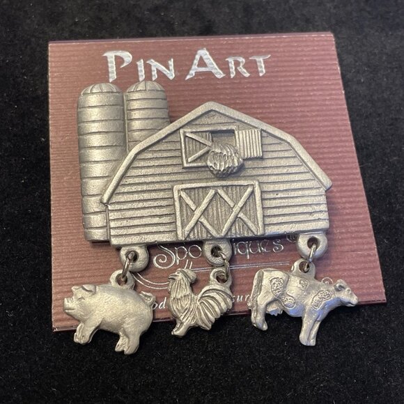 Pewter Farmhouse Pig Chicken Cow Spoontiques Pin Art Brooch 3923 Vintage - Picture 8 of 8